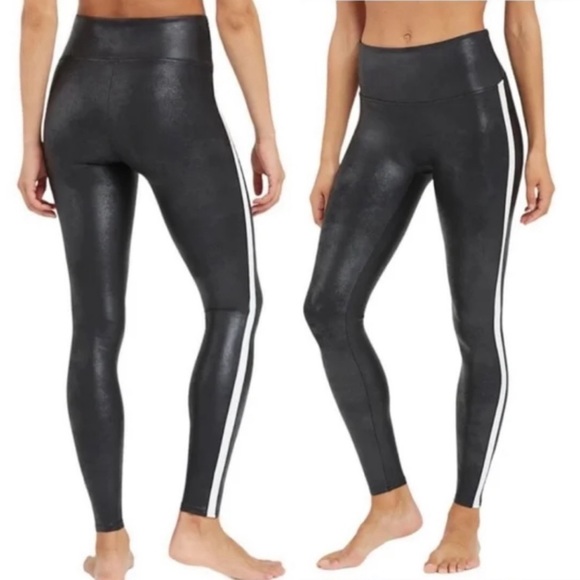 Like New Spanx Faux Leather Black & White Side Stripe Leggings - Picture 2 of 8